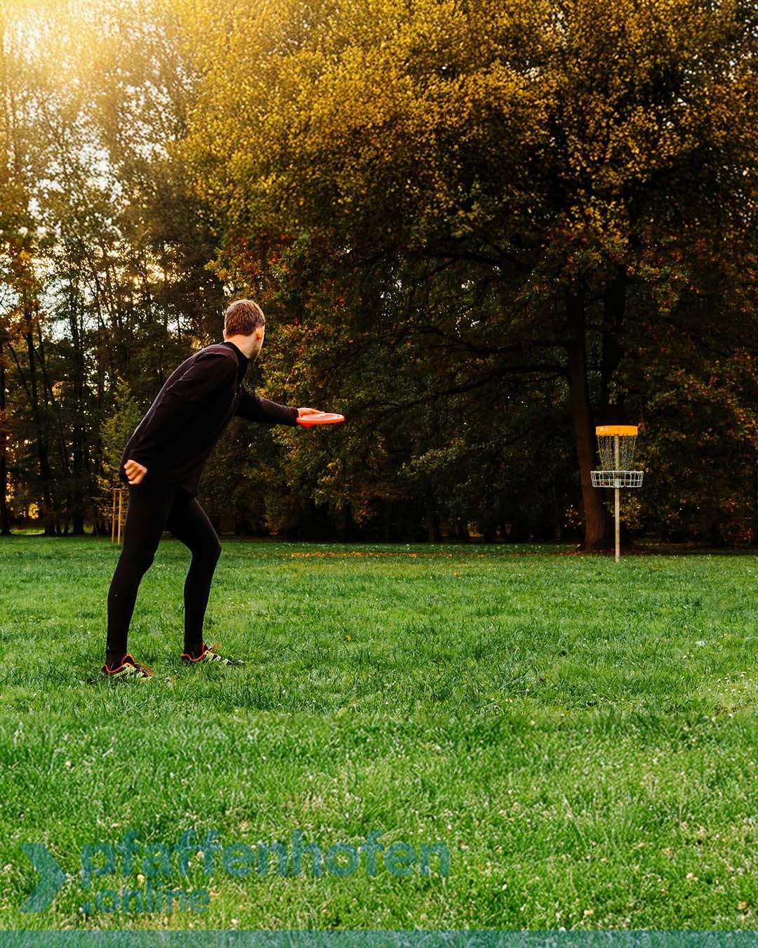 Bild:&nbsp;Beim DiscGolf werden die DiscGolf-Scheiben &uuml;ber vorgegebene Strecken in einen Korb geworfen.&nbsp;&nbsp;(&copy; Fug4s/istockphoto.com)